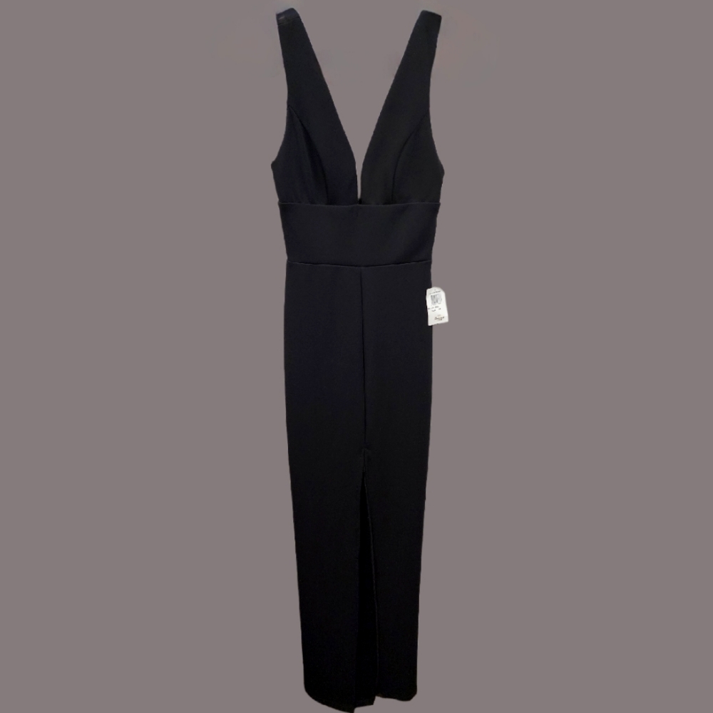 NWT Long Black Plunging Neckline Front Slit Evening Dress